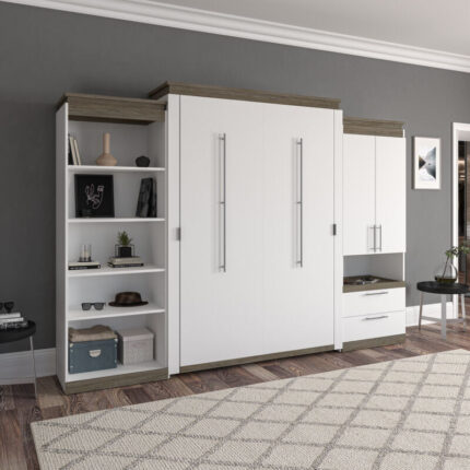 Bestar Orion 124W Queen Murphy Bed with Multifunctional Storage (125W) in white & walnut grey