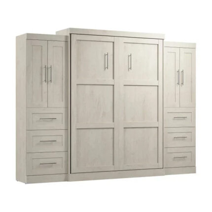 Bestar Pur Queen Murphy Bed with Closet Storage Cabinets (115W) in Linen White Oak